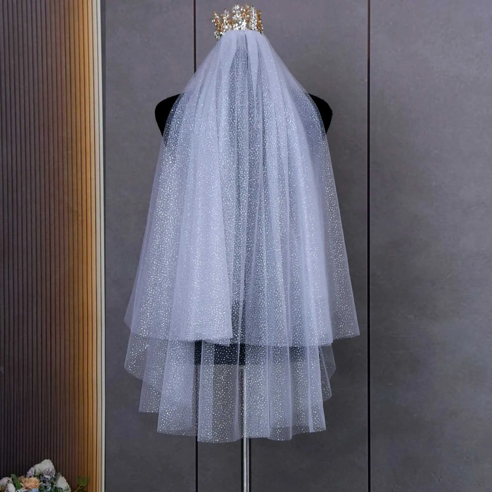 Bijoux de cheveux V97 Voile de mariée élégant à 2 niveaux avec bord en ruban blusher, couverture en tulle souple pour le visage et le mariage_voghion.com