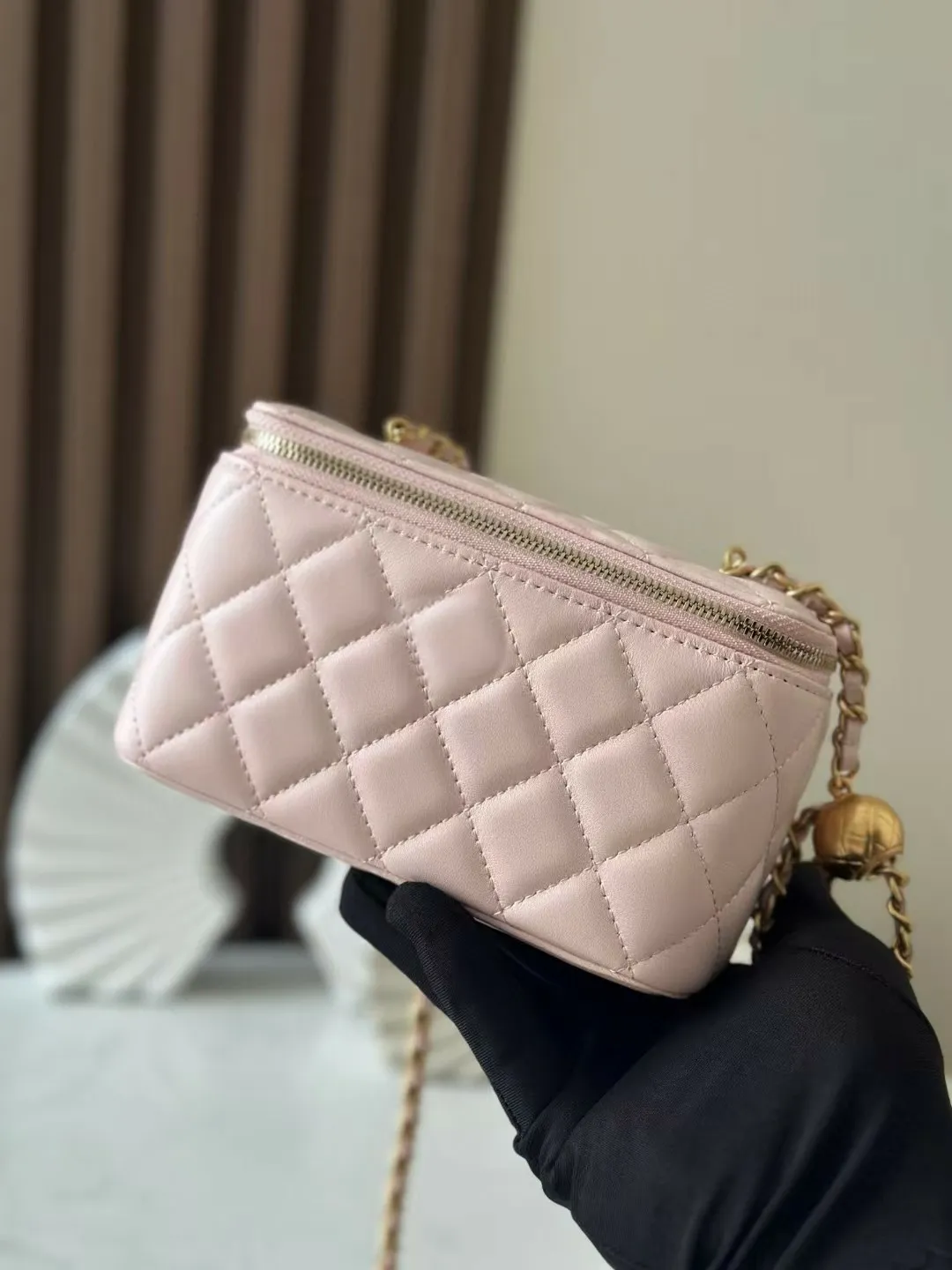 Borse a mano classiche in vera pelle con motivo a scatola per il trucco rosa di alta qualità, con finiture color oro e doppia cerniera, con catena a sfera._voghion.com