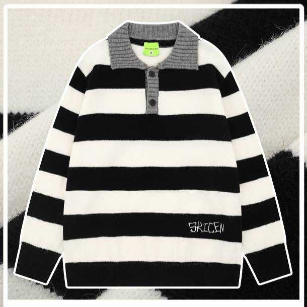 ​​Retro Striped Polo Knit Sweater, Oversized Collared Pullover, Vintage-Inspired Unisex Winter Sweater In Dark Green & Black/White​​_voghion.com