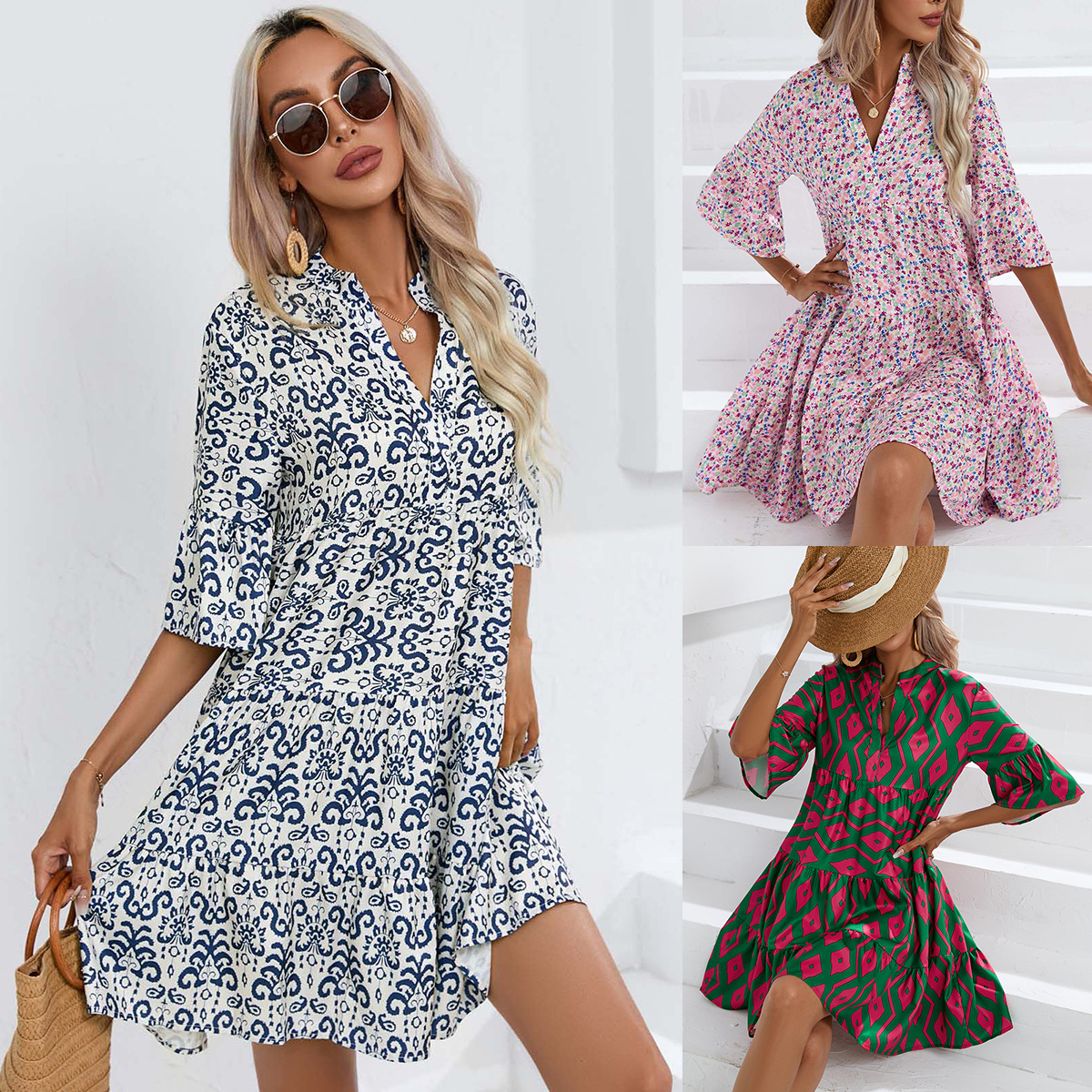 Abito da donna con gonna corta casual con scollo a V allentato estivo 2023_voghion.com