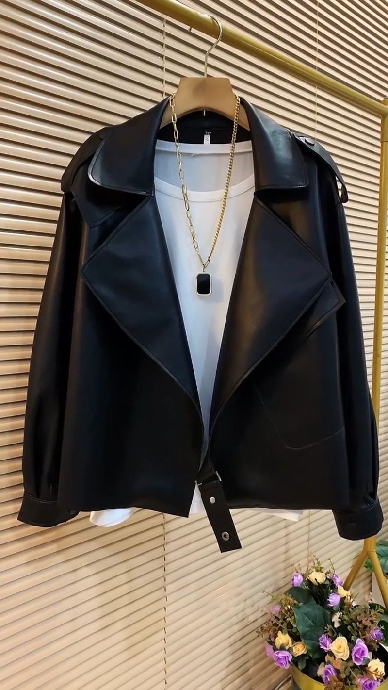 Abbigliamento da donna, giacca da abito di alta qualità, colletto in pelle PU lavata, alla moda, sottile, a maniche lunghe, alla moda_voghion.com