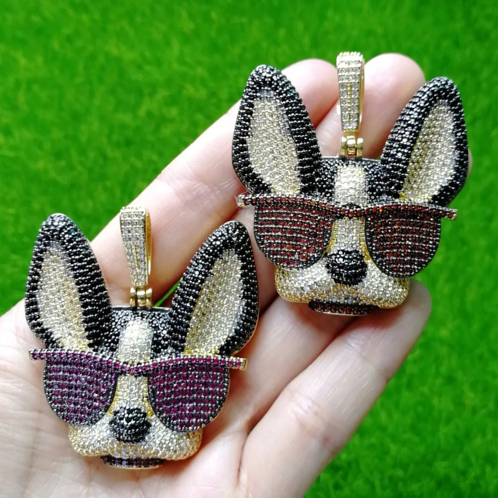 Colgante de latón con circonita cúbica grande y diseño de perro ingenioso con gafas, collar de estilo hip hop helado para hombres y mujeres, joyería de fiesta, regalo CN1371_voghion.com