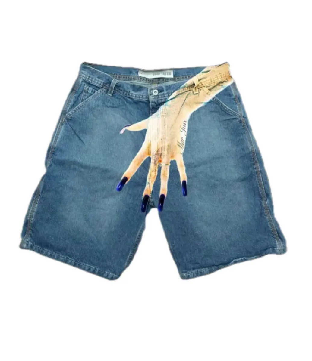 Bărbați Y2K blugi Streetwear hip hop dreaptă lejeră pantaloni scurți denim imprimați la modă model High Street casual cargo boy_voghion.com