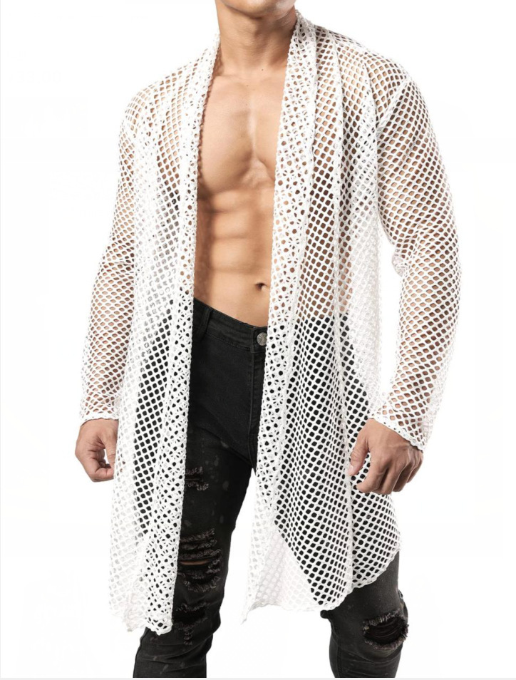 Herren-Übergröße, Schalkragen, Cut-Out, lange Strickjacke, Netzstoff, durchsichtig, Langarmshirt_voghion.com