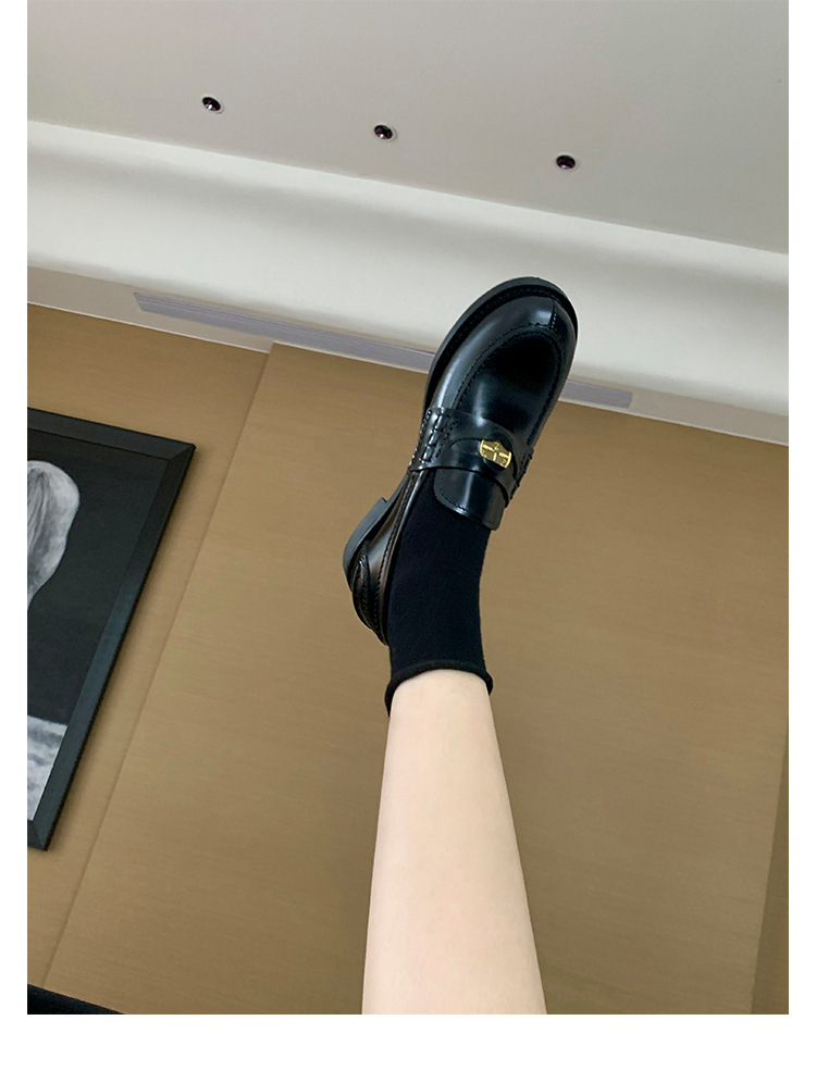 Autumn Retro Gold Buckle Single Shoes Thick Heel Platform Small Leather Shoes British Style Loafers Women_vogvips.com