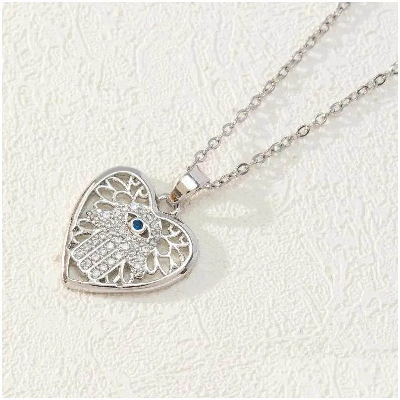 Colares com Pingente Pedra Olho de Fátima Colar com Coração Azul Mal Hamsa Mão Para Mulheres Proteção Espiritual Turca_voghion.com