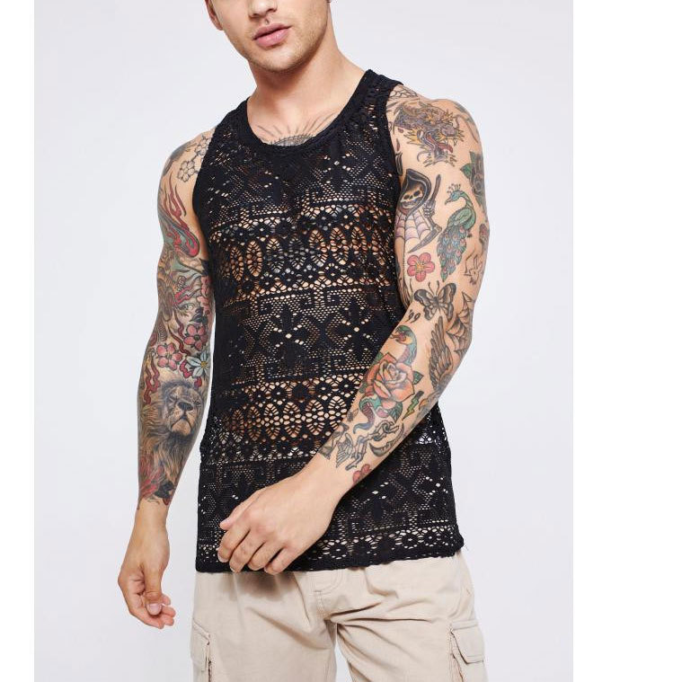 men's clothing casual hollow sexy vest cross-border large size summer outdoor vacation beach mesh lace breathable vest_voghion.com
