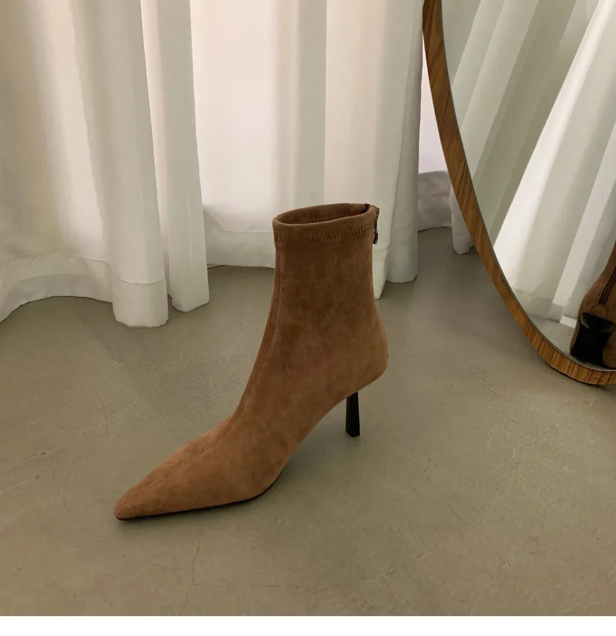 Winter womens mid-heel suede Womens with veet pointed ankle boots fashion boot high heel shoes 240629_voghion.com