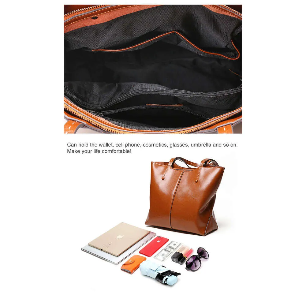 Zency Soft Cowhide Leather Fashion Women Shoulder Retro Brown Tote Handbag Large Capacity Lady Shopping Bag Black Grey_voghion.com