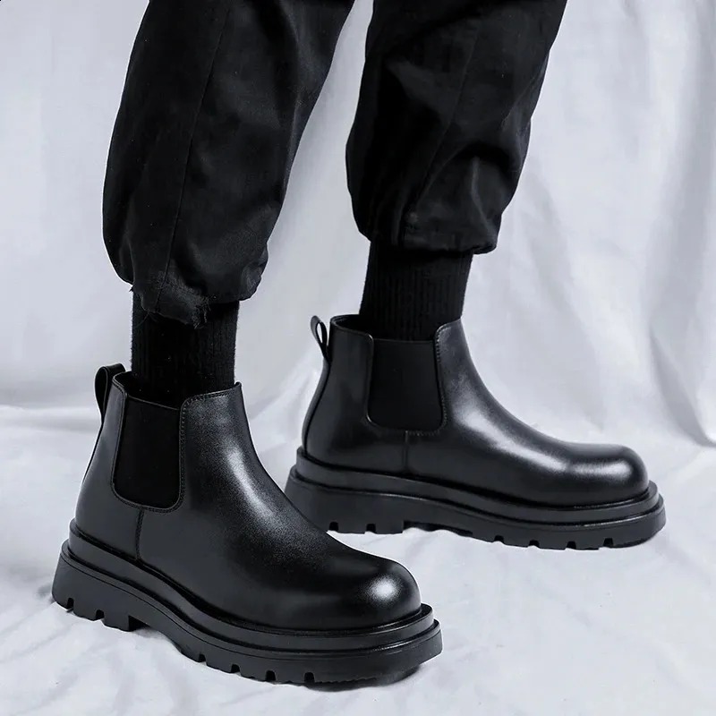 Men's Platform Chelsea Boots Leather High Top Elevator Shoes_voghion.com