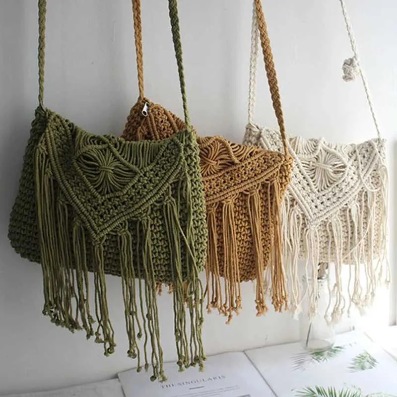 Handmade Cotton Woven Knitted Crossbody Bag With Tassels Vintage_voghion.com