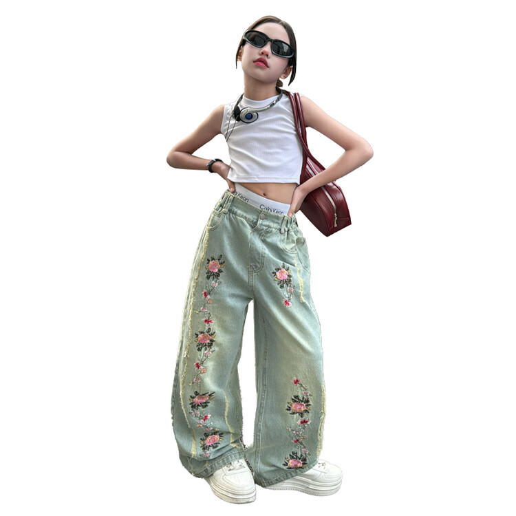 Blugi brodați pentru mame și copii, fete, pantaloni largi casual pentru copii mari, pantaloni drepți pentru fete_voghion.com