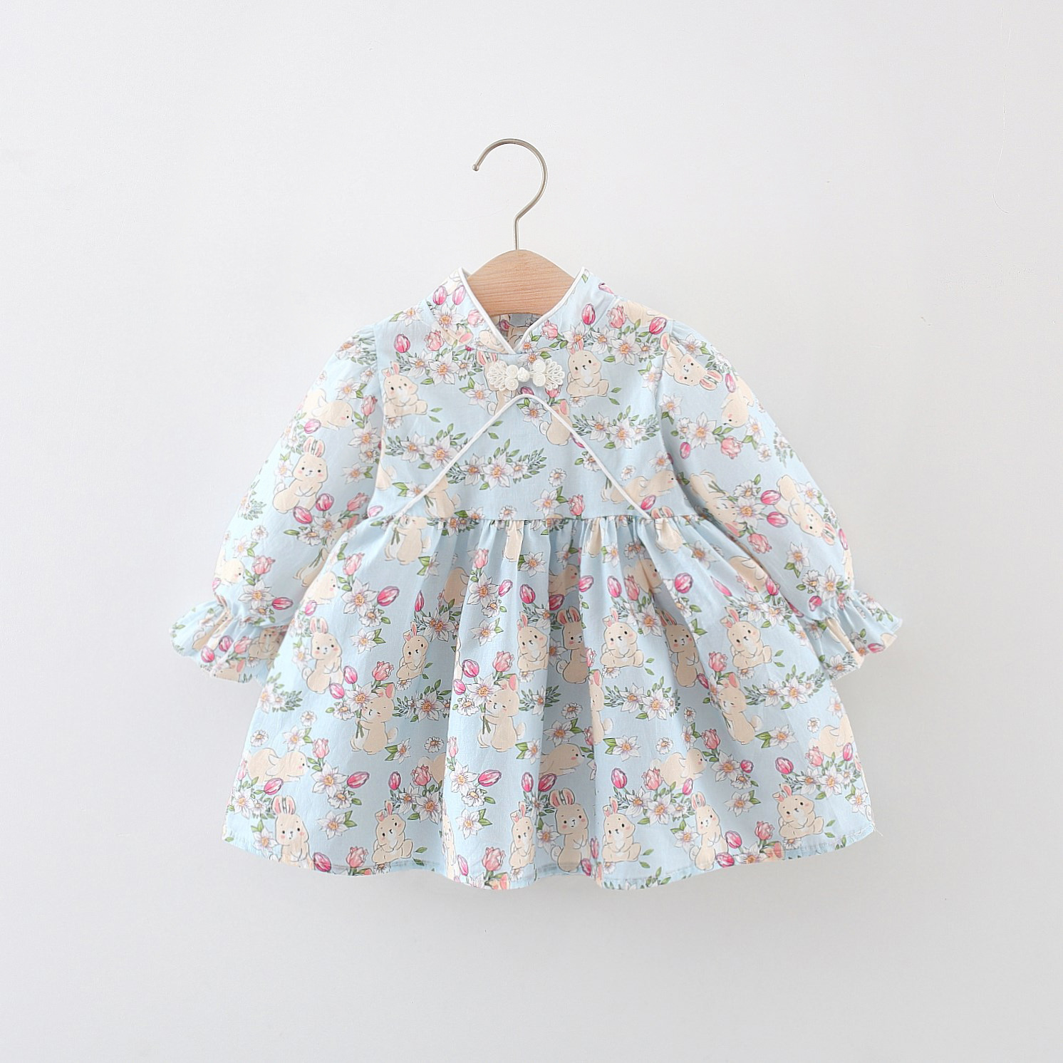 Autumn Baby Girl Dress Rabbit Print Long Sleeved Dress With Rabbit Ears Chinese Qipao Style Children's Clothing_voghion.com