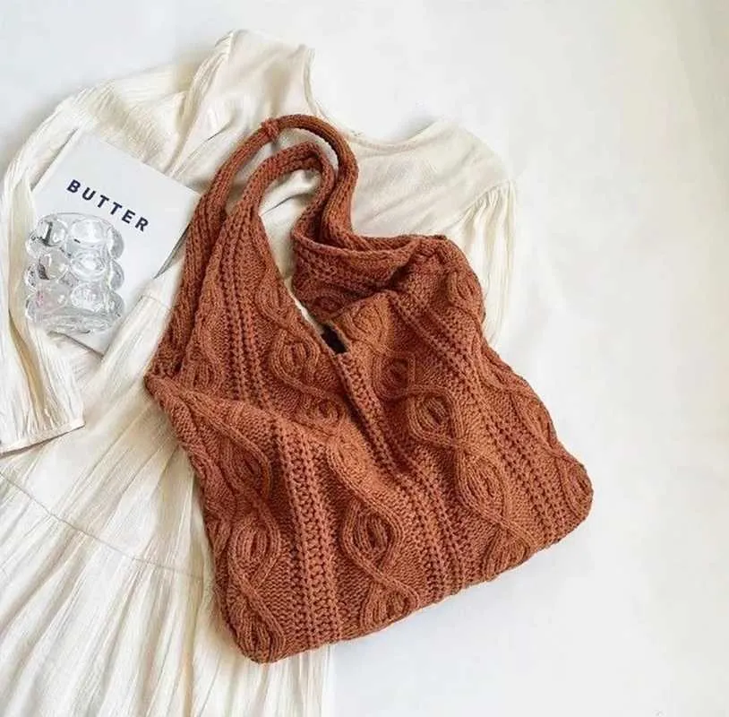 New Vintage Wool Knitted Hand Woven Shoulder Bag For Women Casual Shopping Handbag Large Capacity Female hetC241105_voghion.com