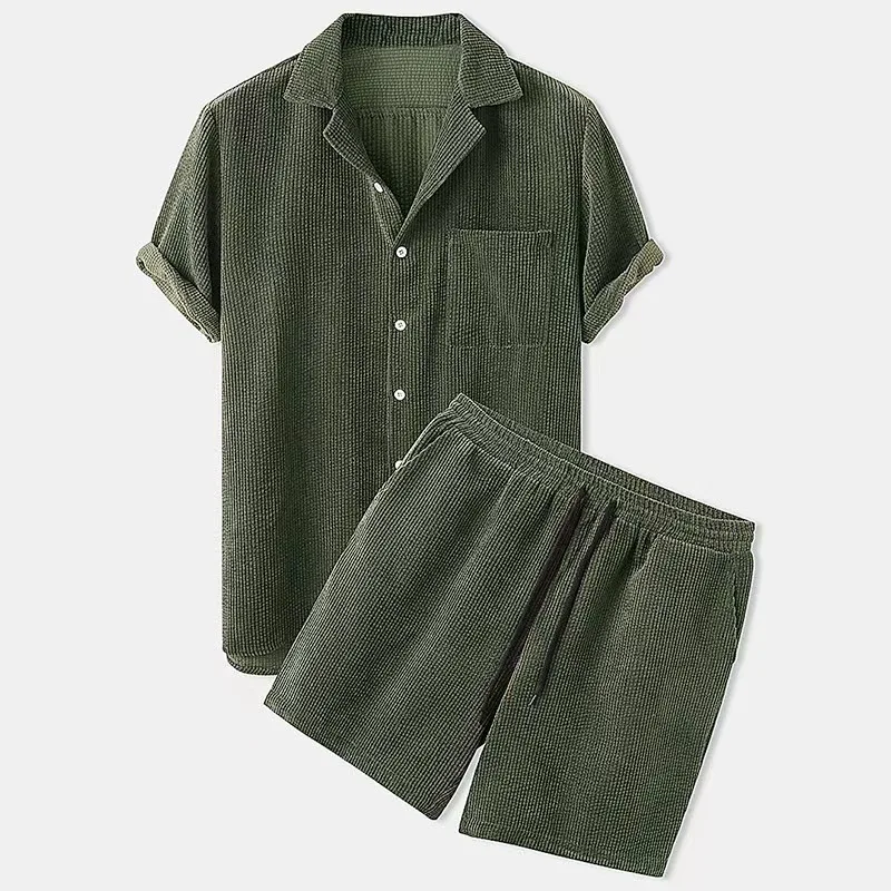 Spring Summer New Solid Men Corduroy Suit Short-sleeve Button Shirts And Shorts Two Piece Sets Casual Outfits Streetwear_voghion.com