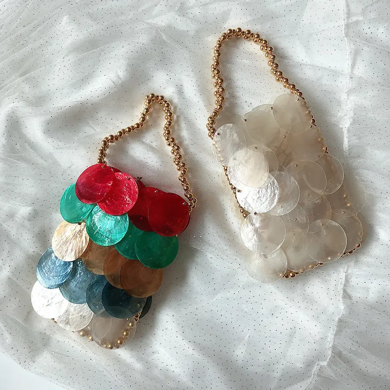 Borse da sera fatte a mano intrecciate con conchiglia rotonda, a tracolla, con paillettes, a catena, a tracolla, da donna, per telefono, portafoglio, pochette da festa_voghion.com