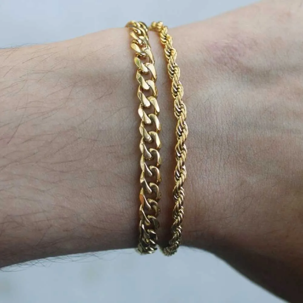 Brățară placată cu aur autentic, lanț cubanez de 5 mm, frânghie de 3 mm, unică, subțire, cu microfigaro, lanț de grâu, din oțel inoxidabil, streetwear_voghion.com