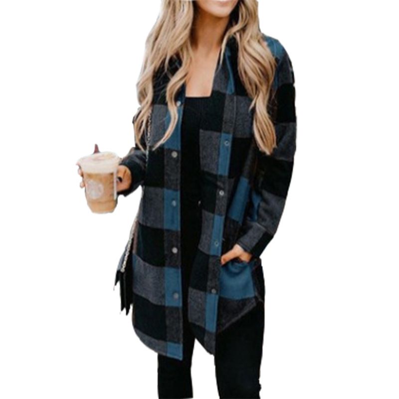 Women's in the long sleeve coat plaid shirt top_voghion.com