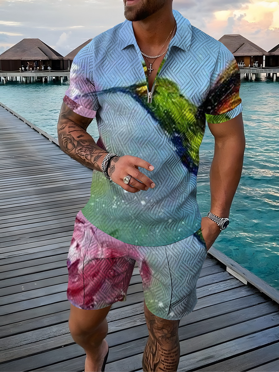 Men's 2pcs, Red Dots Pattern, Trendy Comfy Zip Polo And Plain Drawstring Waistband Shorts Set_voghion.com