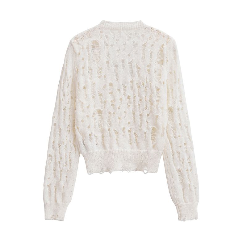 Women's white V-neck holes to do old sweater coat routine hollow-out single-breasted long-sleeved cardigan_voghion.com