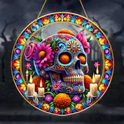 Vibrant Sugar Skull Suncatcher - 9" Stained Acrylic Art. Festive Decor For Dia De Muertos Celebrations Or Cafe Spaces._voghion.com