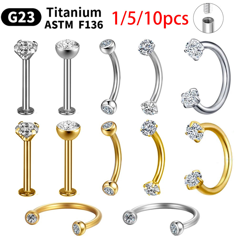 1 5 10pcs G23 Titanium Piercings Labret Stud Lip Nose Piercing Kit Eyebrow C Rod Body Jewelry ASTM-F136 Cartilage Earring