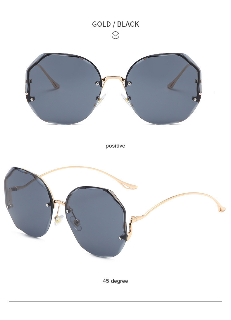 Nuovi occhiali da sole alla moda senza montatura per donna con aste curve in metallo deformato, occhiali da sole con protezione solare ripresi da celebrità di Internet._voghion.com