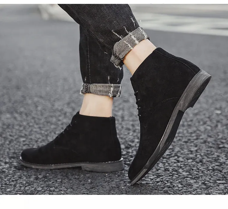 Chaussures en cuir suédé kaki de Style britannique bottines en dentelle confortables hommes Botas Para Hombre 250425_voghion.com