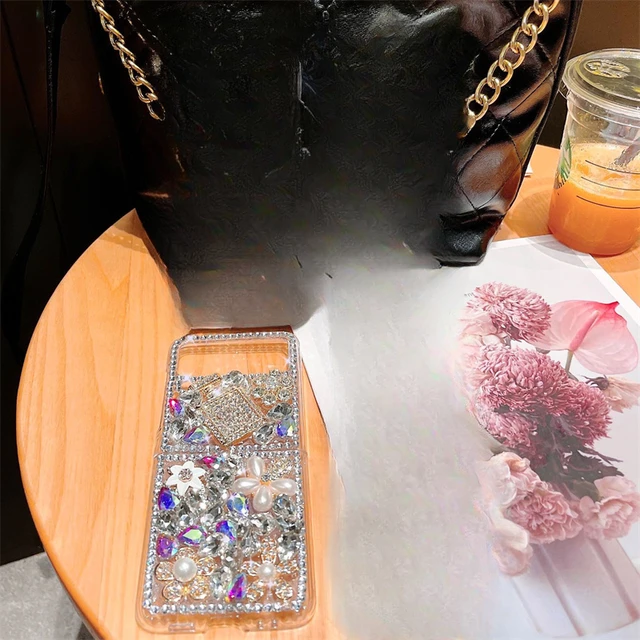 Colorful Rhinestone Perfume Bottle Bear Case for Samsung Galaxy Z Flip, Clear Hard Cover, Pearl Crystal Flowers, 6, 5, 4_voghion.com