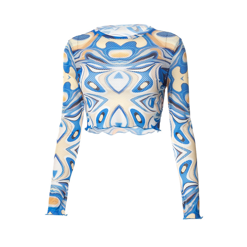 D22TP354 Autunno Nuovo 2024 Girocollo Maglione Manica Lunga Maglia Stampata Ombelico Aperto Top T-shirt Donna_voghion.com