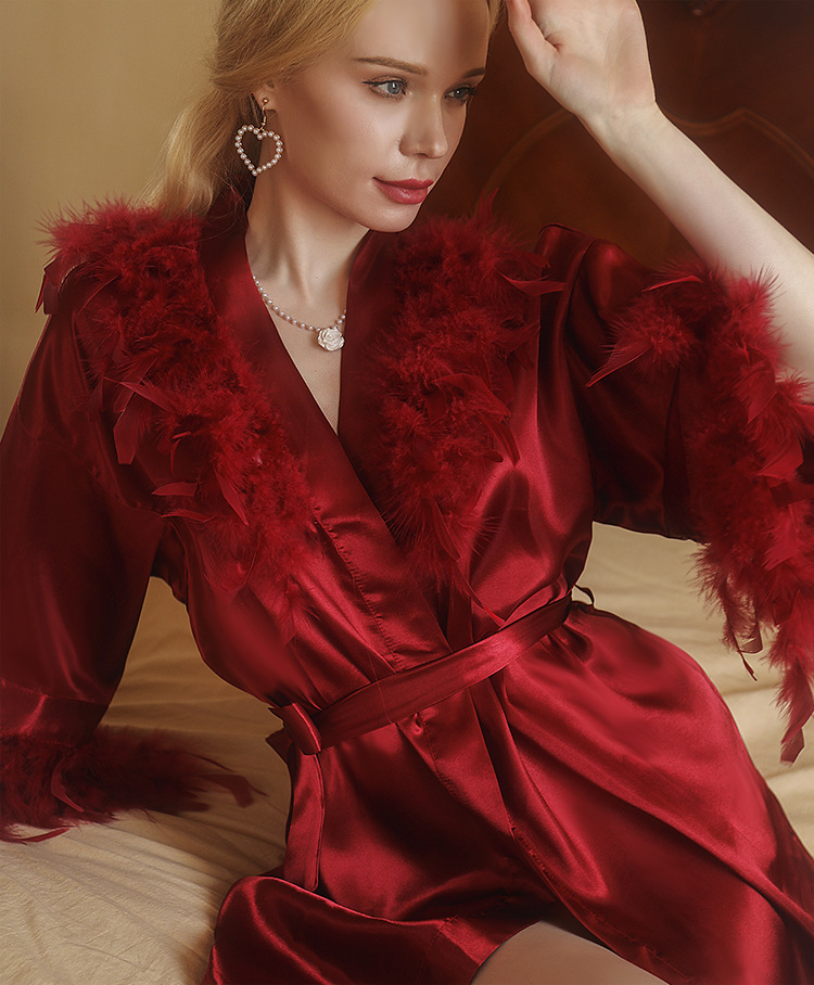Women's Sleepwears Feather Nightgown Wedding Makeup Bridesmaids Wedding Kimono Bathrobe Pajamas_voghion.com