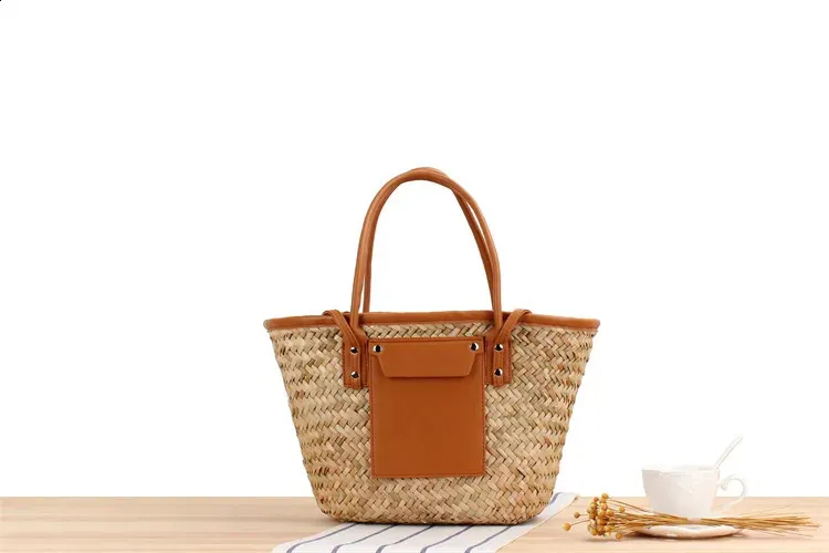 Casual Rattan Basket Bag Wicker Woven Women Handbags Handmade Summer Beach Straw Shoulder Crossbody Bags Big Tote Purse_voghion.com