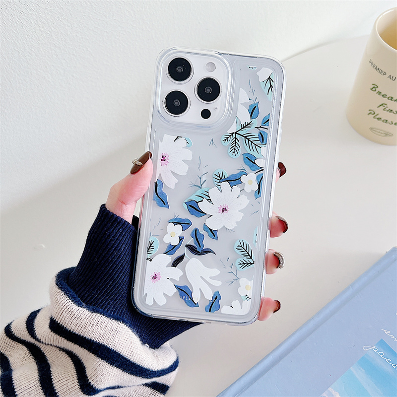 Blommigt genomskinligt telefonskal för iPhone 15 14 Plus 13 12 11 Pro Max stötsäkert silikon mjukt TPU bakstycke_voghion.com