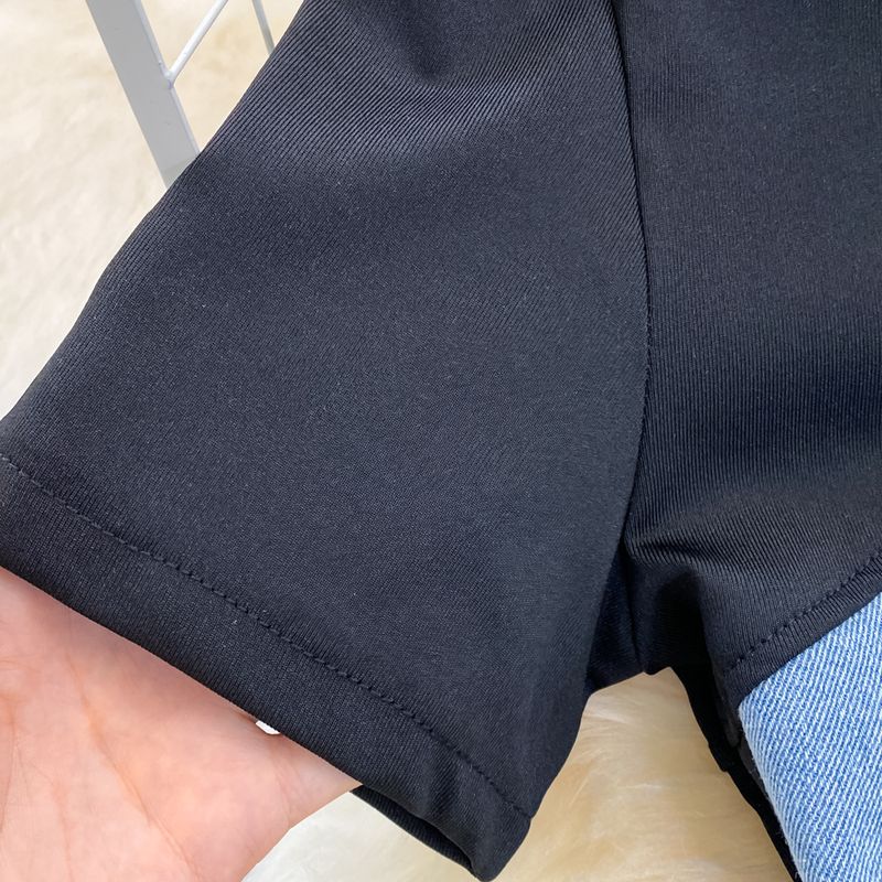 Women's Clothing temperament round neck sleeve denim splicing slim fit short hip dress summer_voghion.com