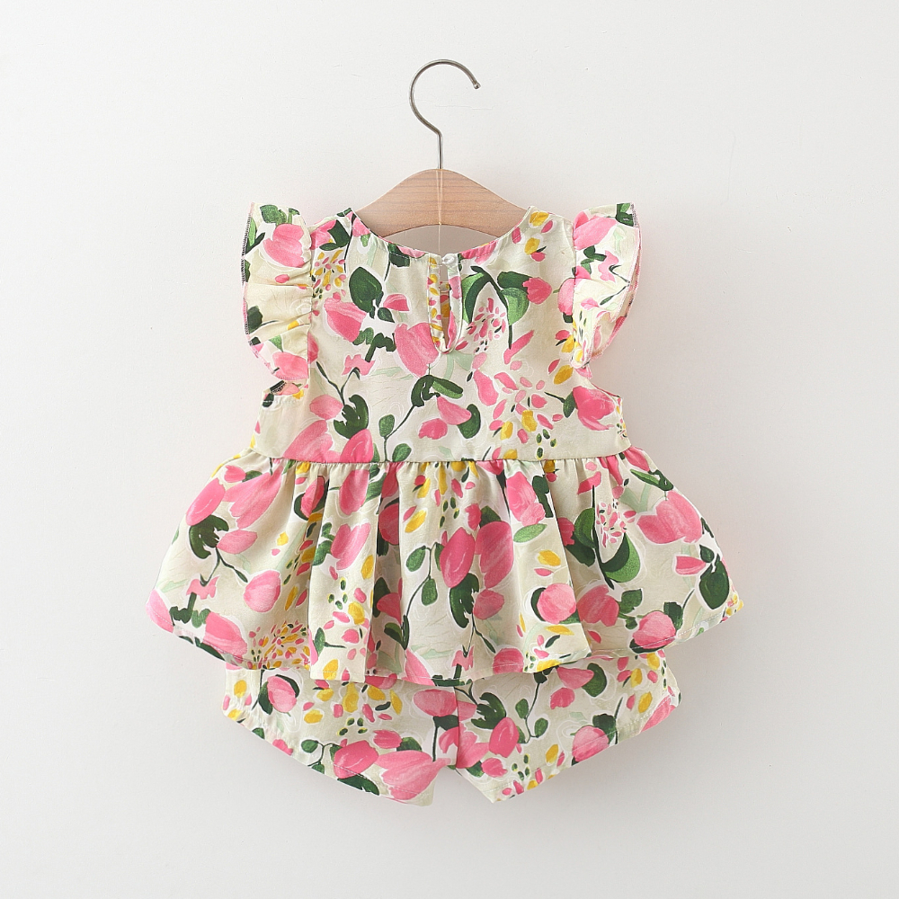 Infant Girl Clothes Set Flower Printed Bow Top+Cotton Shorts Summer Comfortable Kids Clothes_voghion.com