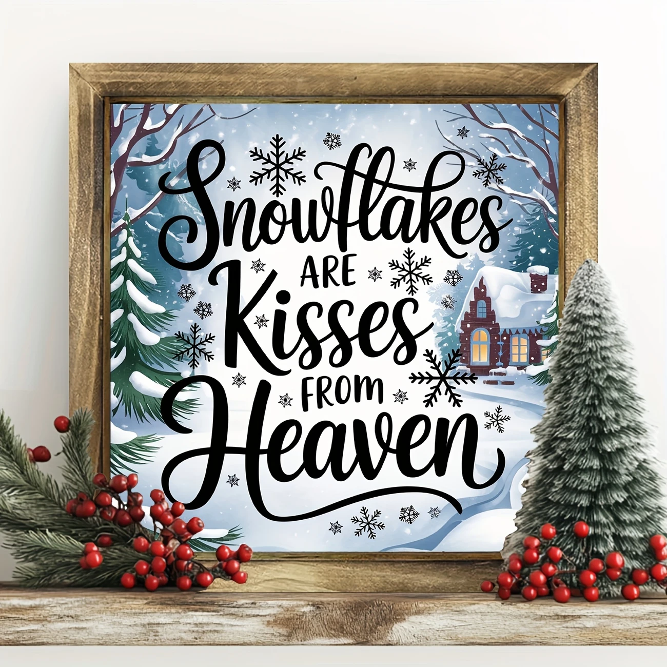 Rustic 'Snowflakes Are Kisses From Heaven' Wooden Frame - 8x8" Handcrafted Winter Decor. Perfect For Bedroom Or Festive Entryway._voghion.com