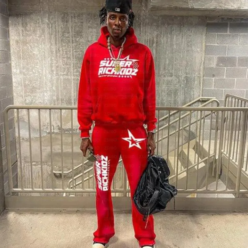 Y2K Trendy Sport Star Letter Print High Street Hip Hop Sport Ocazional pentru bărbați Pantaloni de sport evazați Set două piese_voghion.com