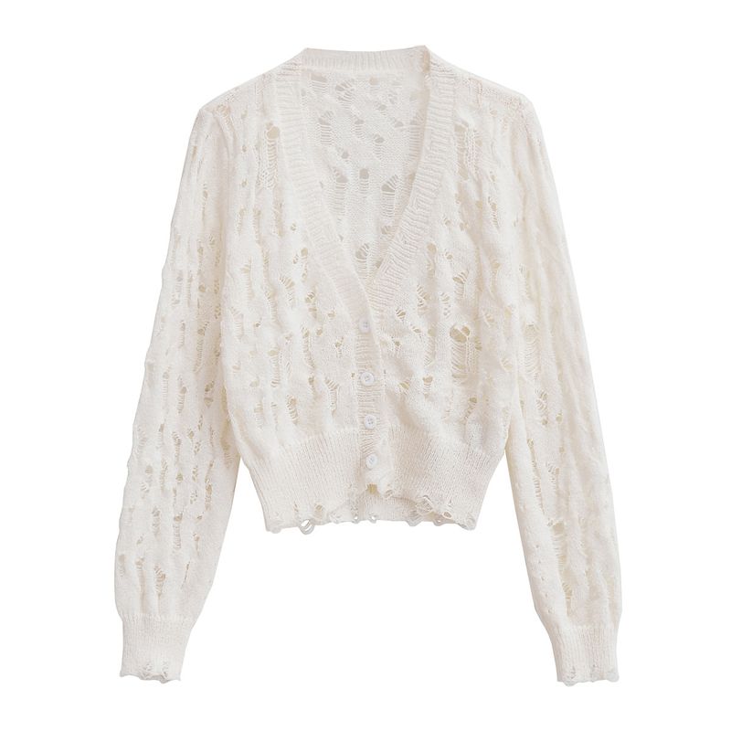 Women's white V-neck holes to do old sweater coat routine hollow-out single-breasted long-sleeved cardigan_voghion.com