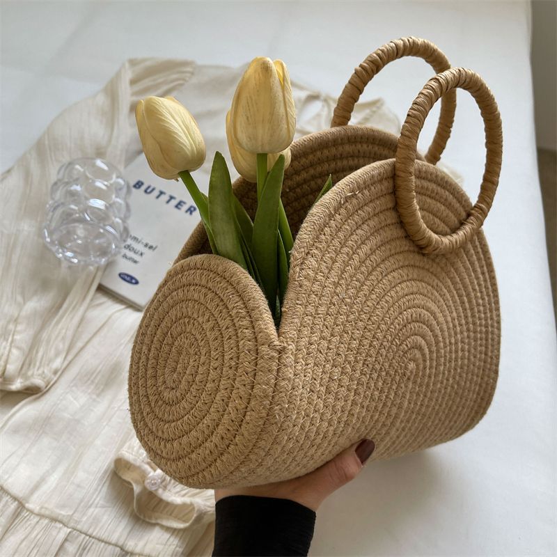 Women's Straw Solid Color Classic Style Weave Pillow Shape Open Beach Bag_voghion.com
