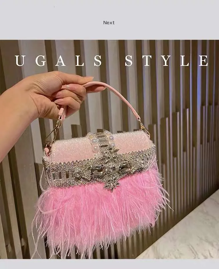 Borsa da sera da donna in pelo di struzzo, borsa a tracolla con pochette in cristallo Rhie Dia, borsa da festa per matrimonio_voghion.com