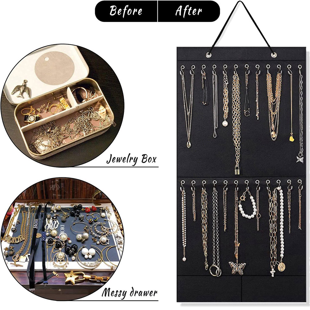 Kaelakee korraldaja rippuvate ehete korraldaja vildist dekoratiivsed seinale kinnitatavad kõrvarõngad käevõru hoiustuskuvari hoidik 24 konksuga_voghion.com