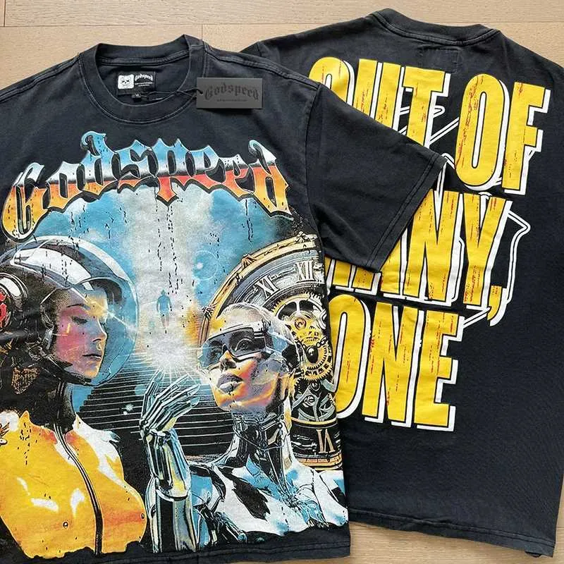 T-shirts Godspd en coton d'été à manches courtes, imprimé squelette d'astronaute rétro, style rock et décontracté, pour hommes et femmes_voghion.com