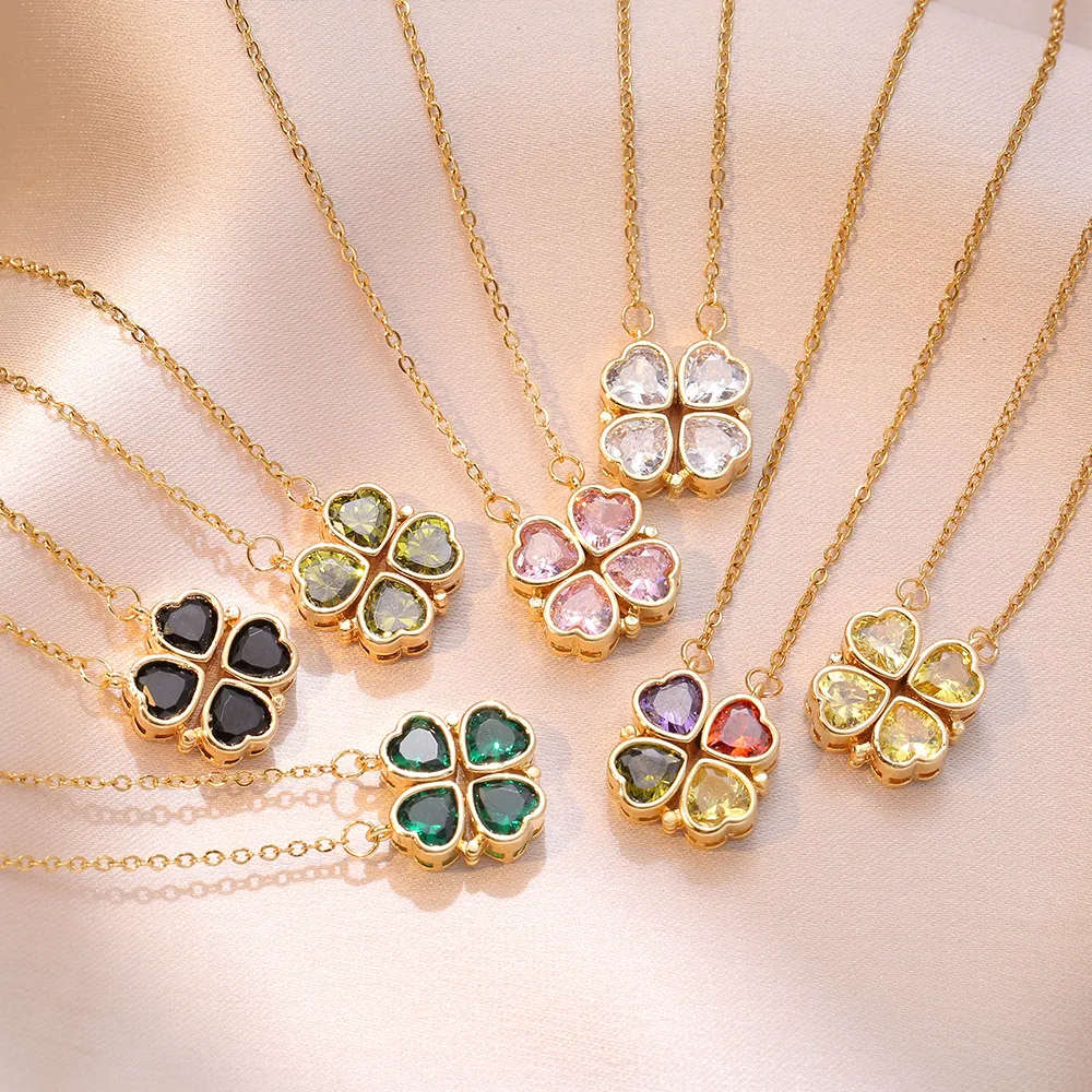 Collane vintage con quadrifoglio portafortuna per donna, stile gotico, ciondolo a forma di cuore, collana girocollo con catena in acciaio inossidabile._voghion.com
