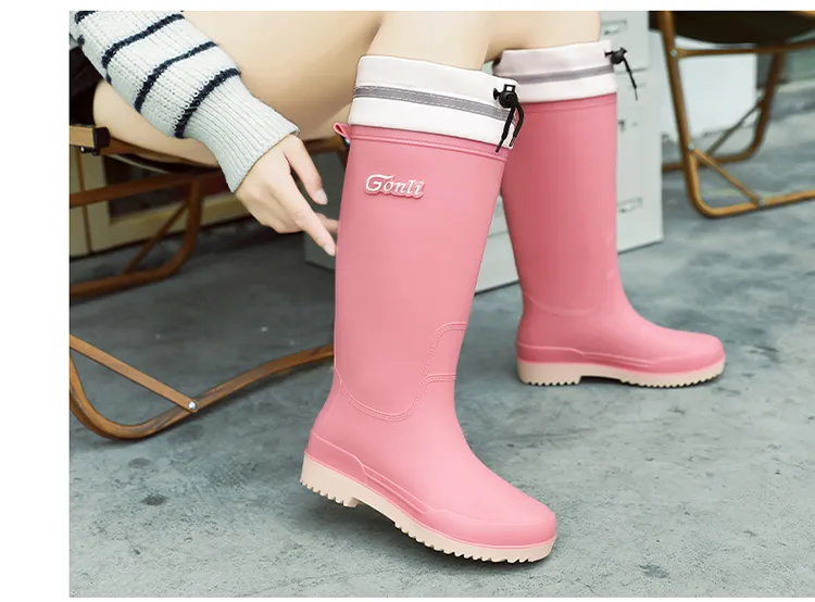 2025 Damen Lange Dicke Sohle Mode Gummistiefel Neue Waterproonti Slip High Tube Regenschuhe Reine Farbe Ruiba X560_voghion.com