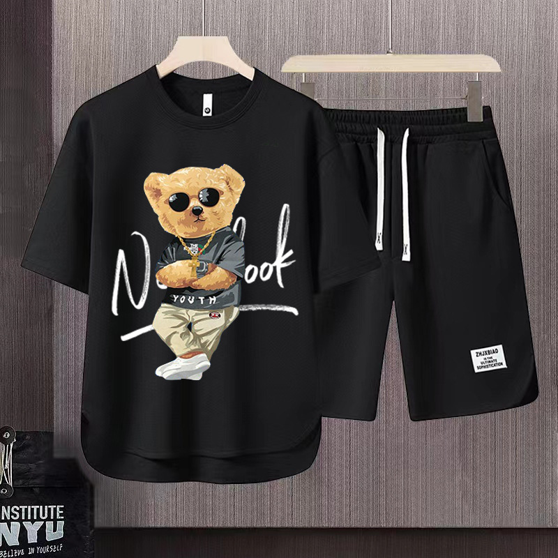 Trendy brand bear printed short-sleeved T-shirt suit fashionable youth trendy all-match breathable loose plus size casual men's clothing