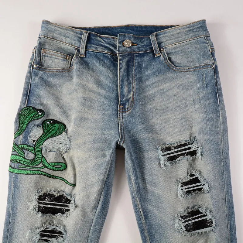 Men's Jeans Light Blue Embroidered Snake Patchwork High Street Stretch Distressed Slim Fit Ripped Men_mkmklike.com