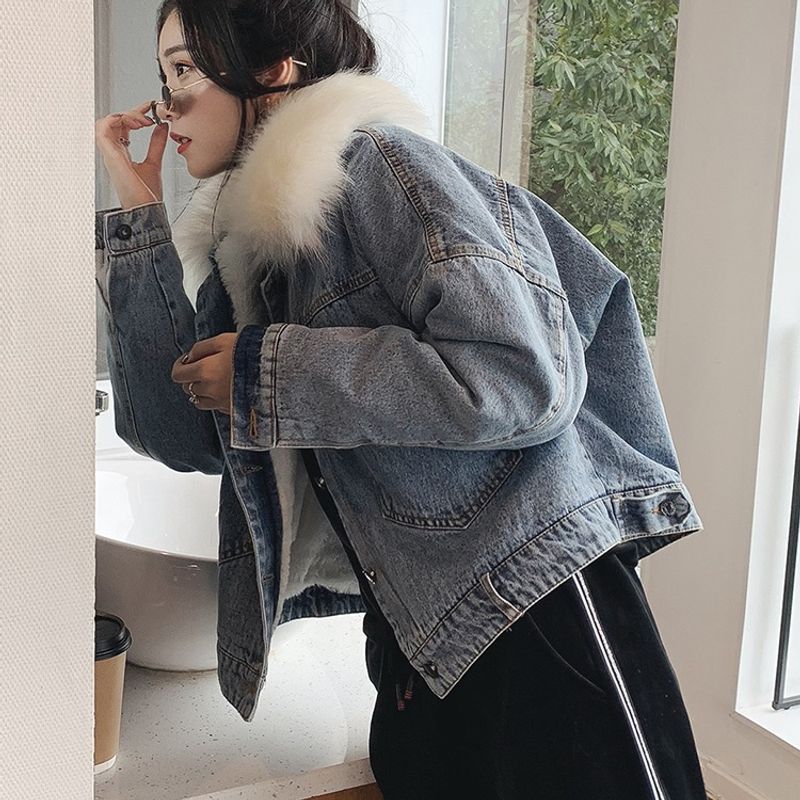 Abbigliamento da donna, collo in pelliccia di volpe, più giacca larga e spessa in denim, cappotto in cotone_voghion.com