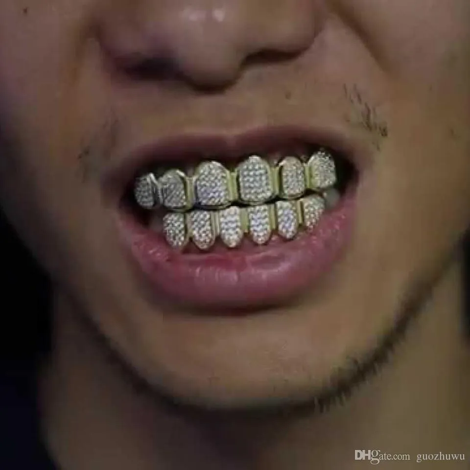 Gold Plated Copper Hip Hop Iced Out Vampire Teeth Fang Grillz Dental Mouth Grills Braces Tooth Cap Rock Rapper Jewelry_voghion.com