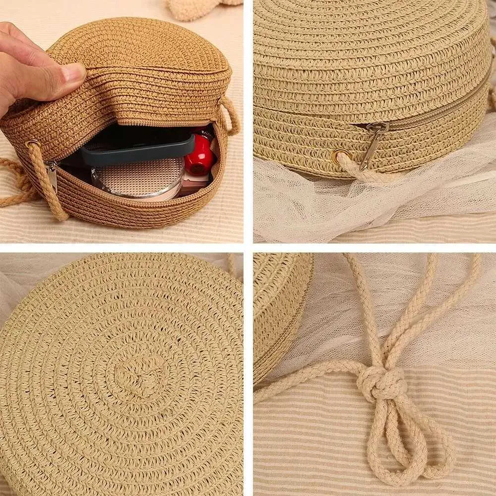 Apaļa salmu pludmales krusteniskā sieviešu soma ar rāvējslēdzēju un bērnu jauku, roku darbs, adītu mazu rokassomiņu Y241011_voghion.com