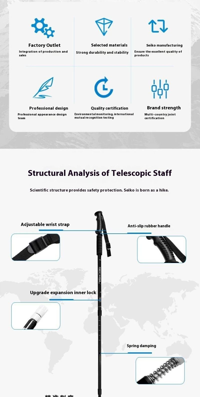 Baston extensibil ultraușor din aliaj de aluminiu pentru alpinism, echipament multifuncțional pentru drumeții în aer liber_voghion.com